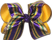 Large Mardi Gras Purple Green and Gold Metallic Stripes over Yellow Gold Double Layer Overlay Bow
